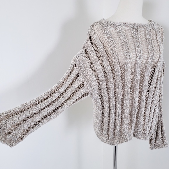 H&M cotton open knit crew neck long sleeve crop cropped beige crochet - Picture 5 of 9